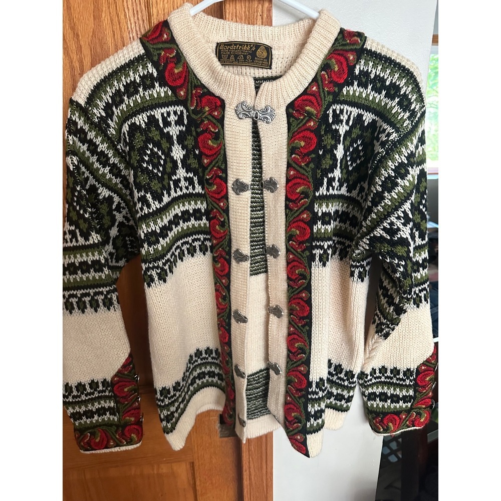 Vintage Nordstrikk Norwegian Wool Cardigan Sweater Silver Clasps Fair Cream